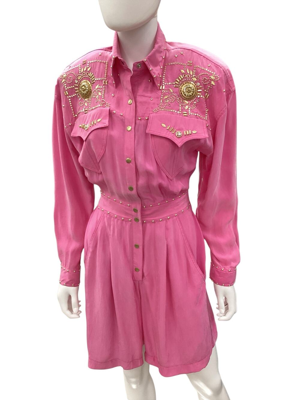 VTG Caché Romper Women’s SZ S Long Sleeve Gold Rivets &Studs Rhinestones Pink